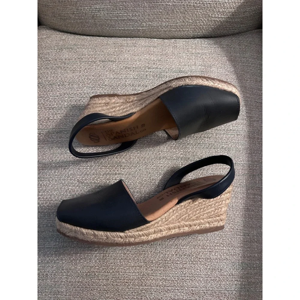 The Spanish Sandal Co Navy Leather Espadrille Wedge Sandals Slingback Size 39